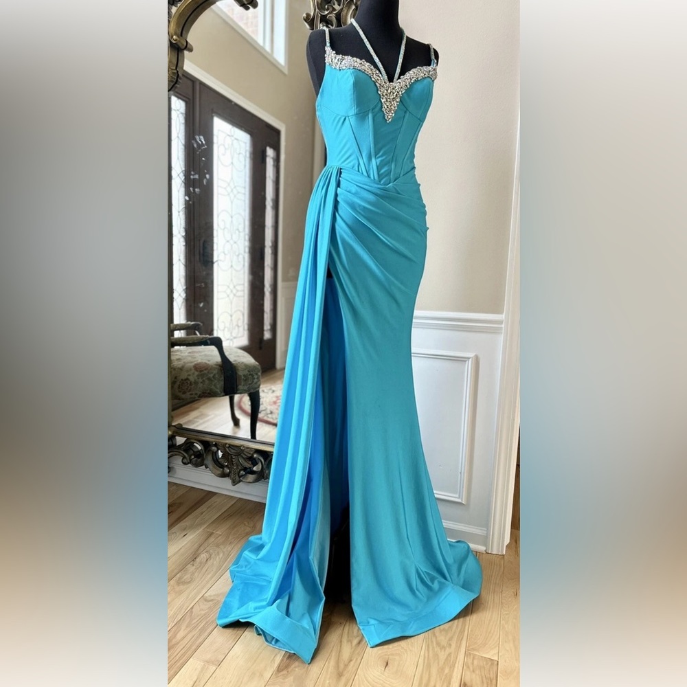 Portia and Scarlett Turquoise Blue Maxi Formal Evening Fitted Gown Size 4 - Picture 9 of 16